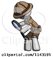 Gray Explorer Ranger Man Inspecting With Large Magnifying Glass Left