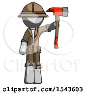 Poster, Art Print Of Gray Explorer Ranger Man Holding Up Red Firefighters Ax