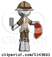 Gray Explorer Ranger Man Holding Large Steak With Butcher Knife