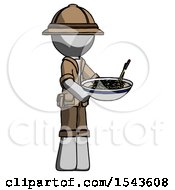 Poster, Art Print Of Gray Explorer Ranger Man Holding Noodles Offering To Viewer