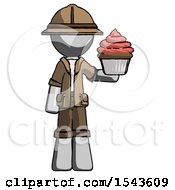 Poster, Art Print Of Gray Explorer Ranger Man Presenting Pink Cupcake To Viewer