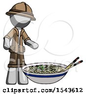 Poster, Art Print Of Gray Explorer Ranger Man And Noodle Bowl Giant Soup Restaraunt Concept