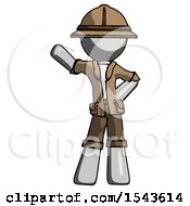 Poster, Art Print Of Gray Explorer Ranger Man Waving Right Arm With Hand On Hip