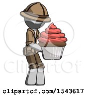 Poster, Art Print Of Gray Explorer Ranger Man Holding Large Cupcake Ready To Eat Or Serve