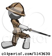 Gray Explorer Ranger Man With Ninja Sword Katana Slicing Or Striking Something