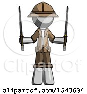 Poster, Art Print Of Gray Explorer Ranger Man Posing With Two Ninja Sword Katanas Up