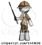 Gray Explorer Ranger Man Standing Up With Ninja Sword Katana
