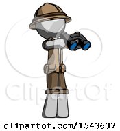 Gray Explorer Ranger Man Holding Binoculars Ready To Look Right