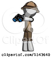 Gray Explorer Ranger Man Holding Binoculars Ready To Look Left