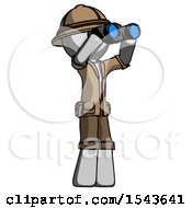 Poster, Art Print Of Gray Explorer Ranger Man Looking Through Binoculars To The Right