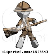 Gray Explorer Ranger Man Broom Fighter Defense Pose