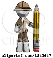 Poster, Art Print Of Gray Explorer Ranger Man With Large Pencil Standing Ready To Write