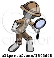 Poster, Art Print Of Gray Explorer Ranger Man Inspecting With Large Magnifying Glass Right