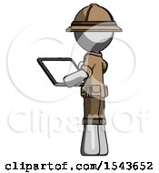 Poster, Art Print Of Gray Explorer Ranger Man Looking At Tablet Device Computer With Back To Viewer