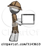 Poster, Art Print Of Gray Explorer Ranger Man Show Tablet Device Computer To Viewer Blank Area