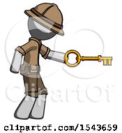 Gray Explorer Ranger Man With Big Key Of Gold Opening Something