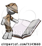 Poster, Art Print Of Gray Explorer Ranger Man Reading Big Book While Standing Beside It