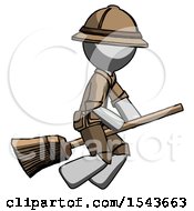 Poster, Art Print Of Gray Explorer Ranger Man Flying On Broom