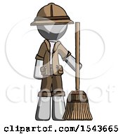 Gray Explorer Ranger Man Standing With Broom Cleaning Services