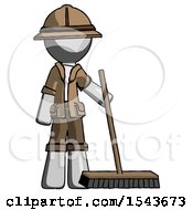 Gray Explorer Ranger Man Standing With Industrial Broom