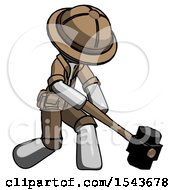 Poster, Art Print Of Gray Explorer Ranger Man Hitting With Sledgehammer Or Smashing Something At Angle