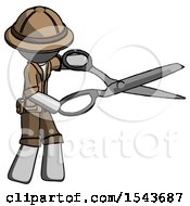 Poster, Art Print Of Gray Explorer Ranger Man Holding Giant Scissors Cutting Out Something