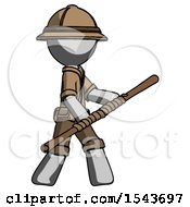 Poster, Art Print Of Gray Explorer Ranger Man Holding Bo Staff In Sideways Defense Pose