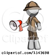 Poster, Art Print Of Gray Explorer Ranger Man Holding Megaphone Bullhorn Facing Right