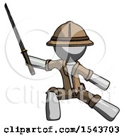 Poster, Art Print Of Gray Explorer Ranger Man With Ninja Sword Katana In Defense Pose