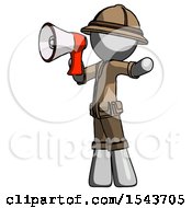 Poster, Art Print Of Gray Explorer Ranger Man Shouting Into Megaphone Bullhorn Facing Left