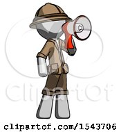 Poster, Art Print Of Gray Explorer Ranger Man Shouting Into Megaphone Bullhorn Facing Right