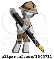 Gray Explorer Ranger Man Drawing Or Writing With Large Calligraphy Pen