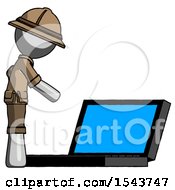 Gray Explorer Ranger Man Using Large Laptop Computer Side Orthographic View