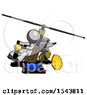 Poster, Art Print Of Gray Design Mascot Man Flying In Gyrocopter Front Side Angle Top View
