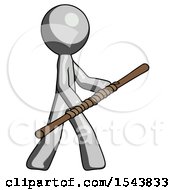 Poster, Art Print Of Gray Design Mascot Man Holding Bo Staff In Sideways Defense Pose