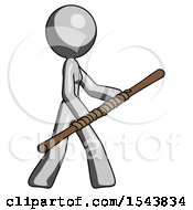 Poster, Art Print Of Gray Design Mascot Woman Holding Bo Staff In Sideways Defense Pose