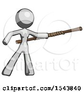 Poster, Art Print Of Gray Design Mascot Woman Bo Staff Pointing Right Kung Fu Pose