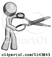 Poster, Art Print Of Gray Design Mascot Man Holding Giant Scissors Cutting Out Something