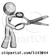 Gray Design Mascot Woman Holding Giant Scissors Cutting Out Something