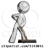 Poster, Art Print Of Gray Design Mascot Man Cleaning Services Janitor Sweeping Floor With Push Broom