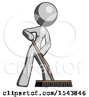 Poster, Art Print Of Gray Design Mascot Woman Cleaning Services Janitor Sweeping Floor With Push Broom