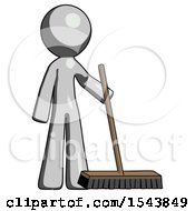Gray Design Mascot Man Standing With Industrial Broom