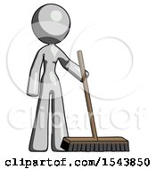 Gray Design Mascot Woman Standing With Industrial Broom