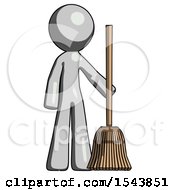 Poster, Art Print Of Gray Design Mascot Man Standing With Broom Cleaning Services