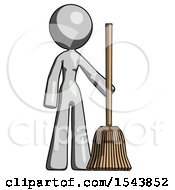 Gray Design Mascot Woman Standing With Broom Cleaning Services