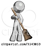 Gray Design Mascot Man Sweeping Area With Broom