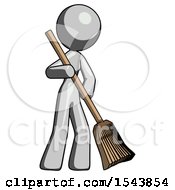 Poster, Art Print Of Gray Design Mascot Woman Sweeping Area With Broom