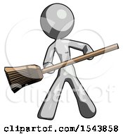 Gray Design Mascot Woman Broom Fighter Defense Pose