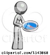 Gray Design Mascot Woman Looking At Large Compass Facing Right