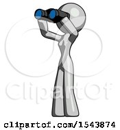 Poster, Art Print Of Gray Design Mascot Woman Looking Through Binoculars To The Left